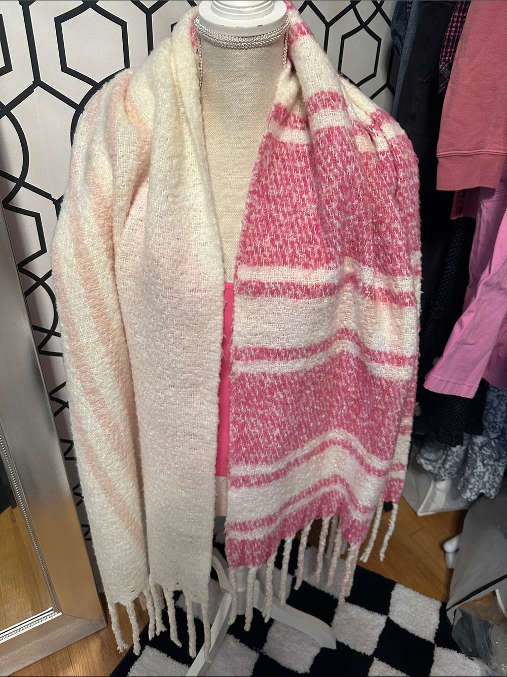 Free people Supply Co. Cream & Pink Fuzzy Knit Scarf with Fringe